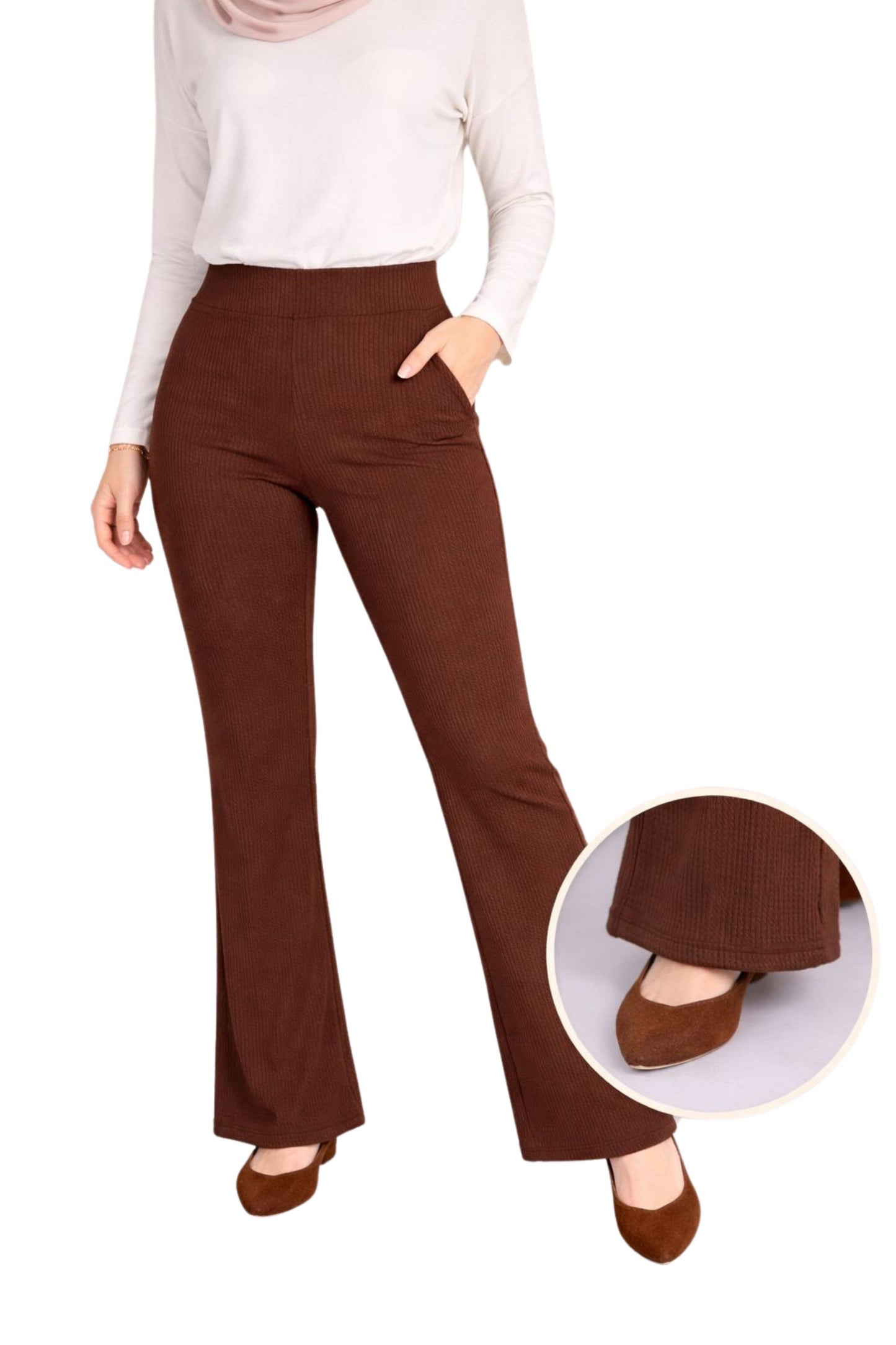 Brown Ribbed Flare Knit Pants