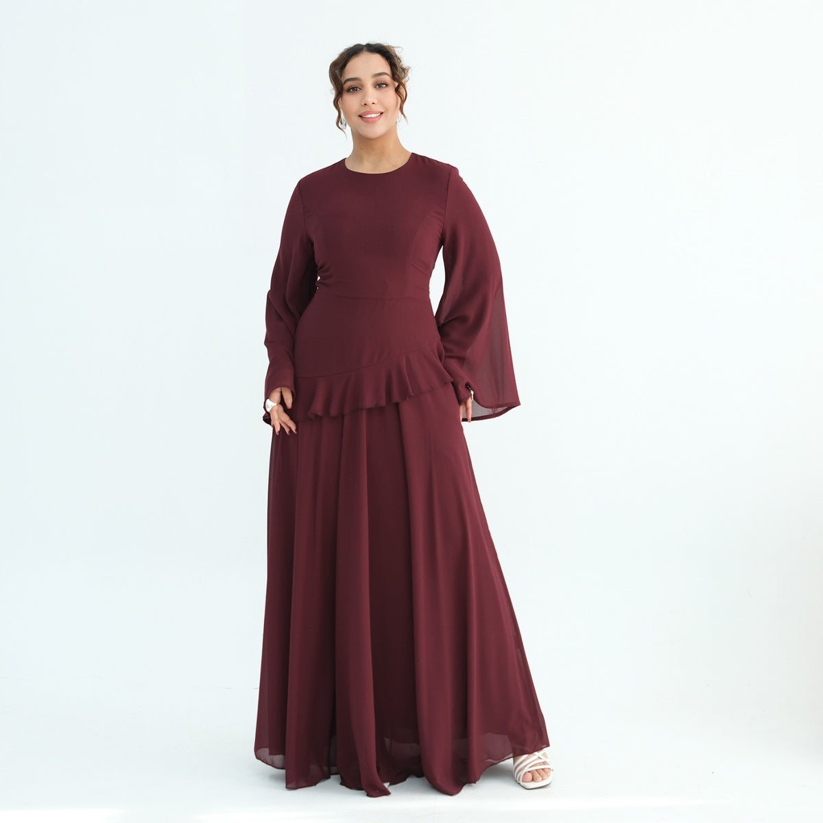 AMARA CHIFFON DRFESS BURGUNDY