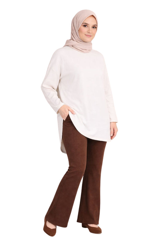 Brown Ribbed Flare Knit Pants