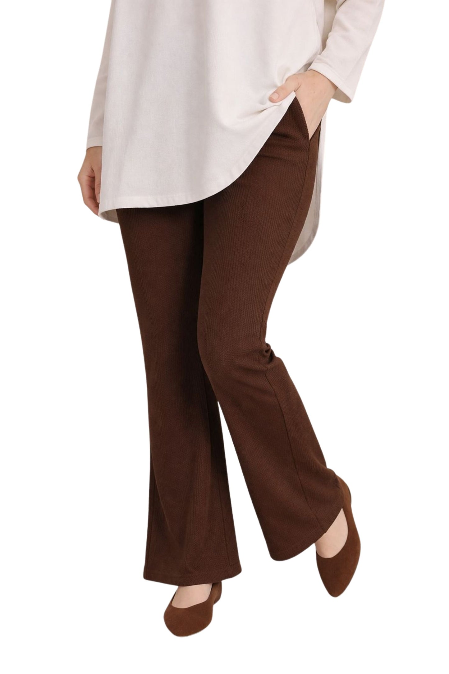 Brown Ribbed Flare Knit Pants