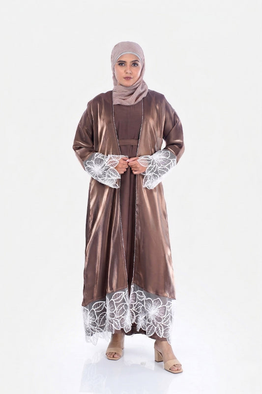 Myra 2 Way Wearable Coffee Beige Organza Abaya