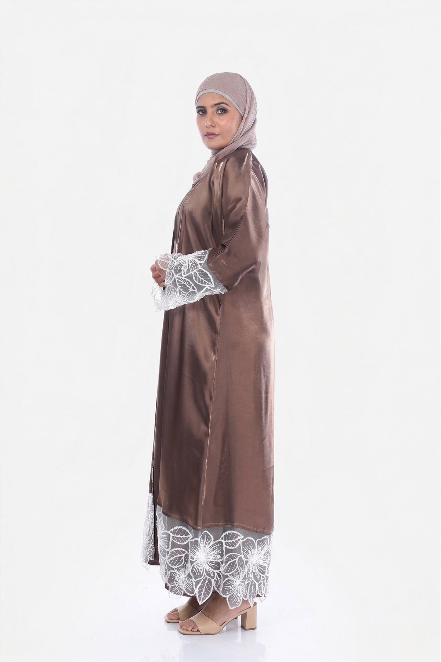 Myra 2 Way Wearable Coffee Beige Organza Abaya
