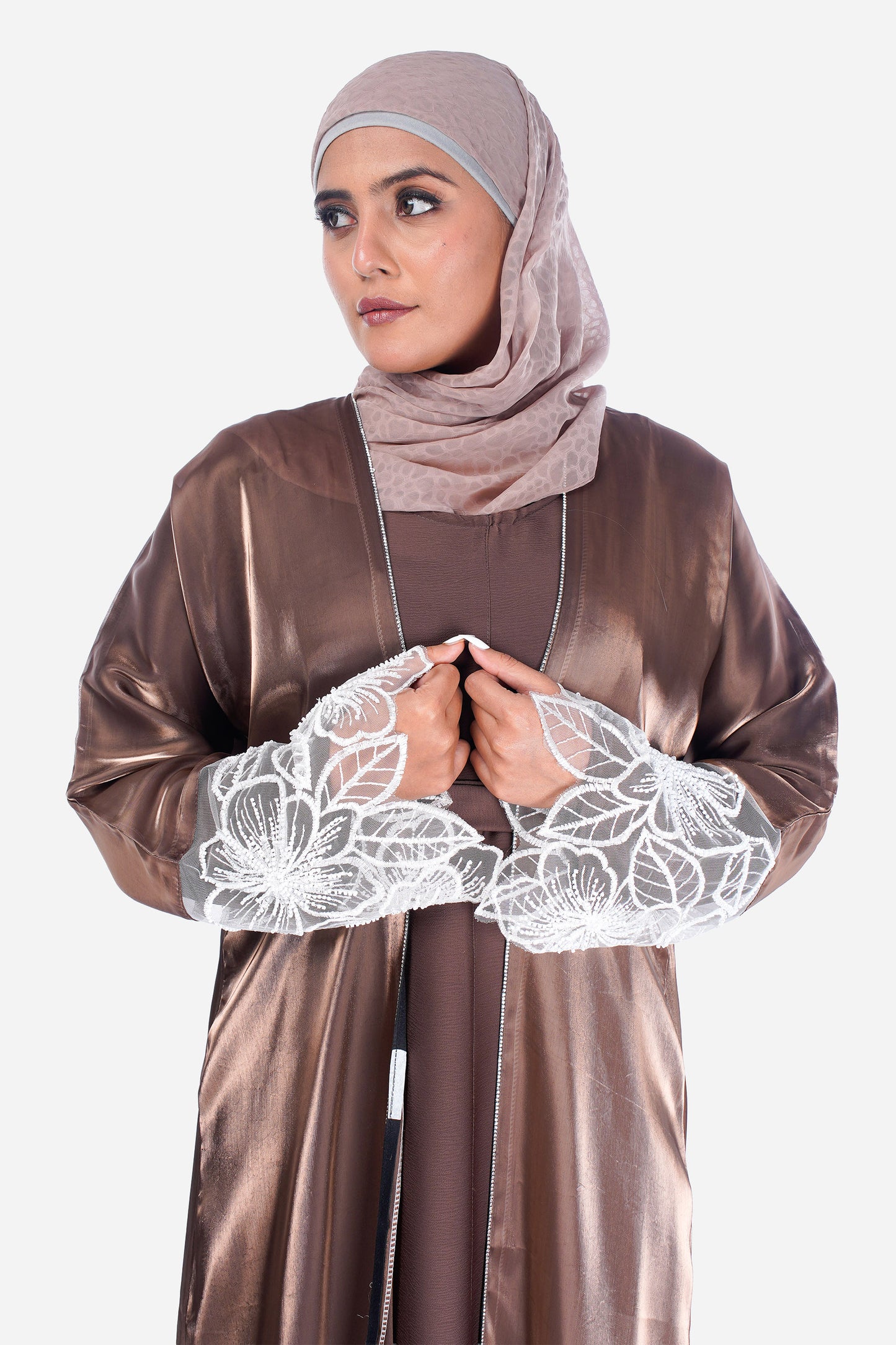 Myra 2 Way Wearable Coffee Beige Organza Abaya