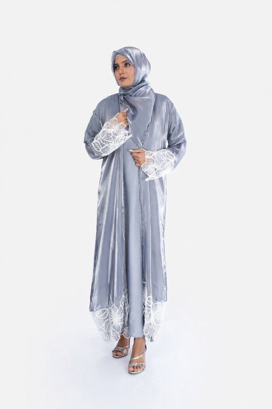 Myra 2 Way Wearable Mist Grey Organza Abaya