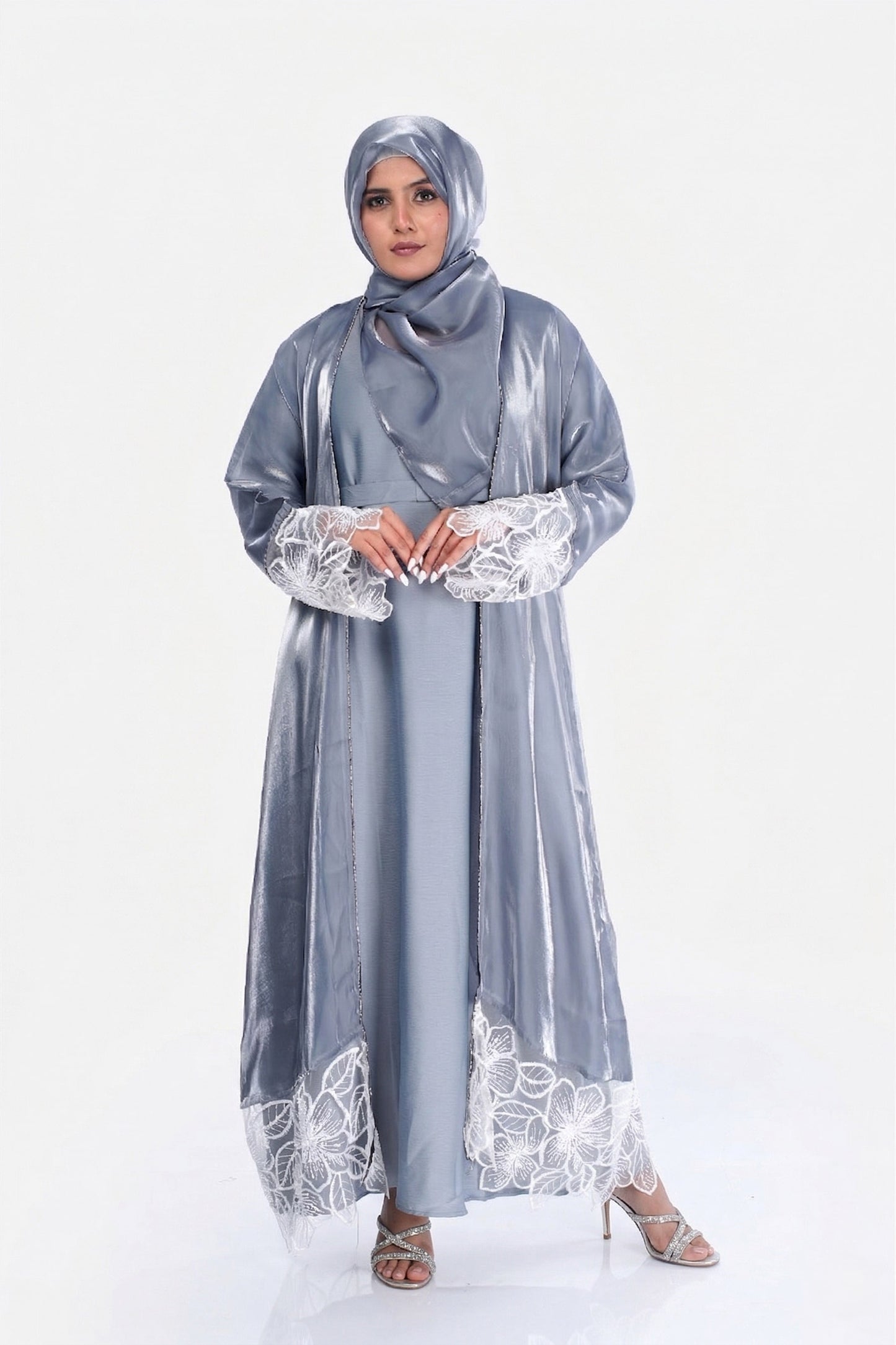 Myra 2 Way Wearable Mist Grey Organza Abaya