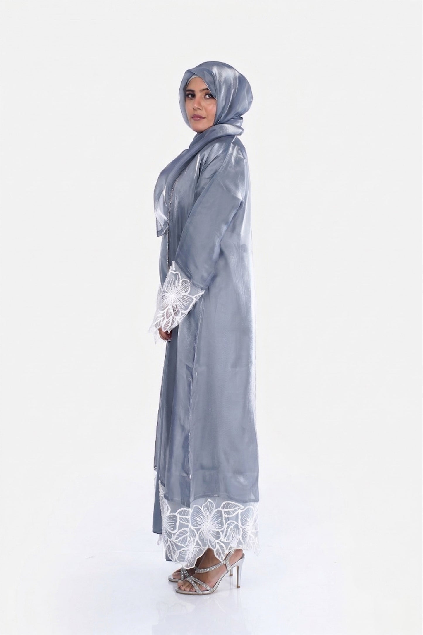 Myra 2 Way Wearable Mist Grey Organza Abaya