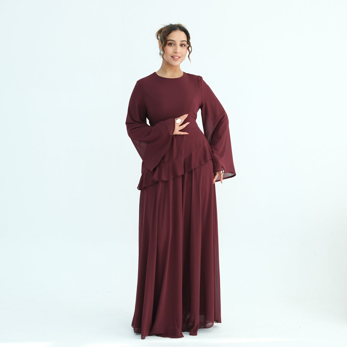 AMARA CHIFFON DRFESS BURGUNDY
